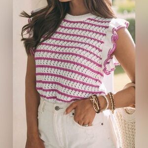 SHEIN White and Fuchsia Striped Ruffle Sleeve Knit Top